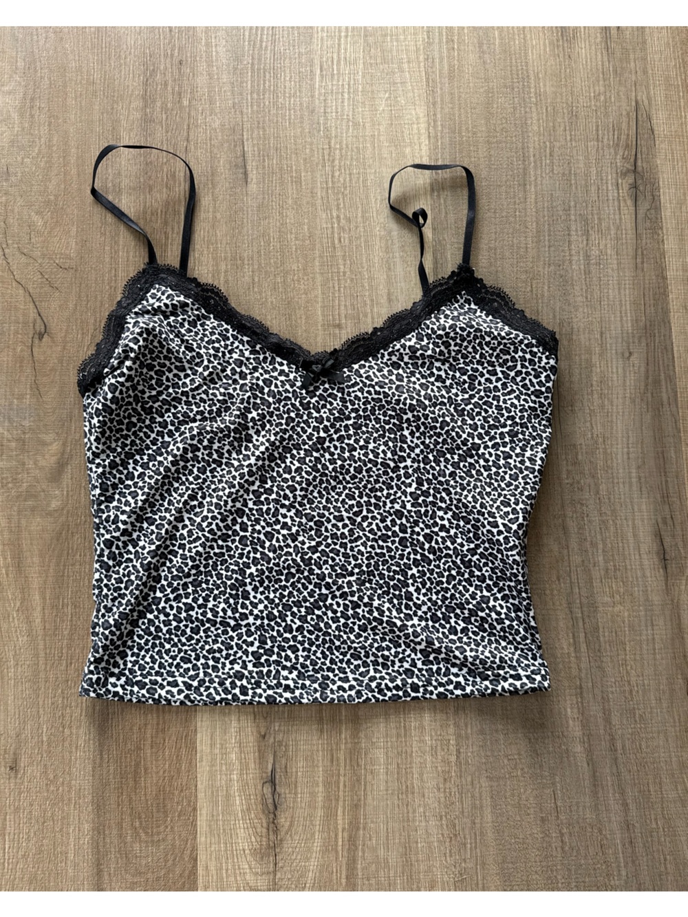 SHEIN Black and White Leopard Print Lace-Trim Crop Camisole